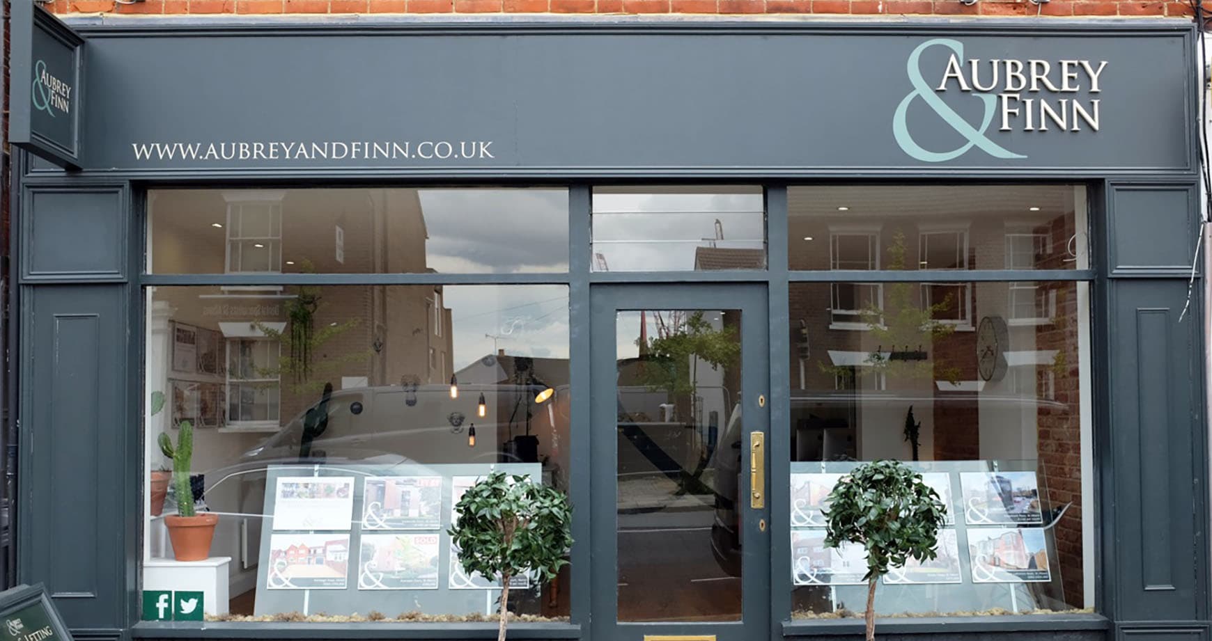 The Aubrey & Finn office on Victoria Street, St Albans, with property details in the window